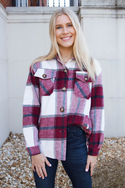 Burgundy Plaid Shacket- Women's Oversized Shacket- Shirt Jacket For Women