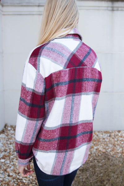 Burgundy Plaid Shacket- Women's Oversized Shacket- Shirt Jacket For Women