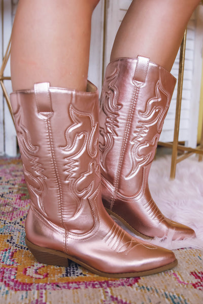 Rose Gold Cowboy Boots- Pink Metallic Boots- Pink Women's Cowboy Boots