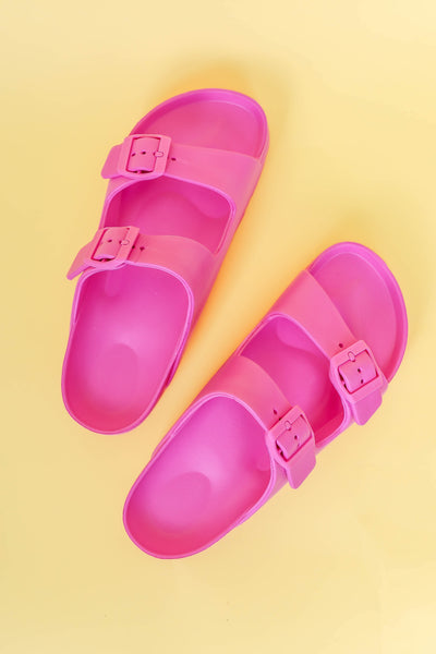 Pink Buckle Double Strap Slide- Women's Double Strap Slide Sandel- Pink Buckle Slides