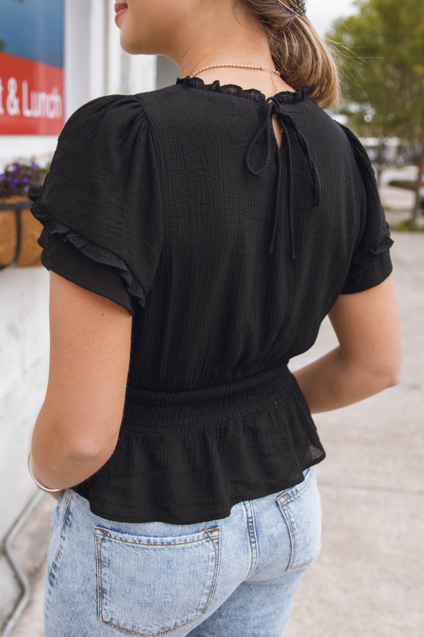 Black Peplum Blouse- Going Out Top- Black Ruffle Sleeve Top