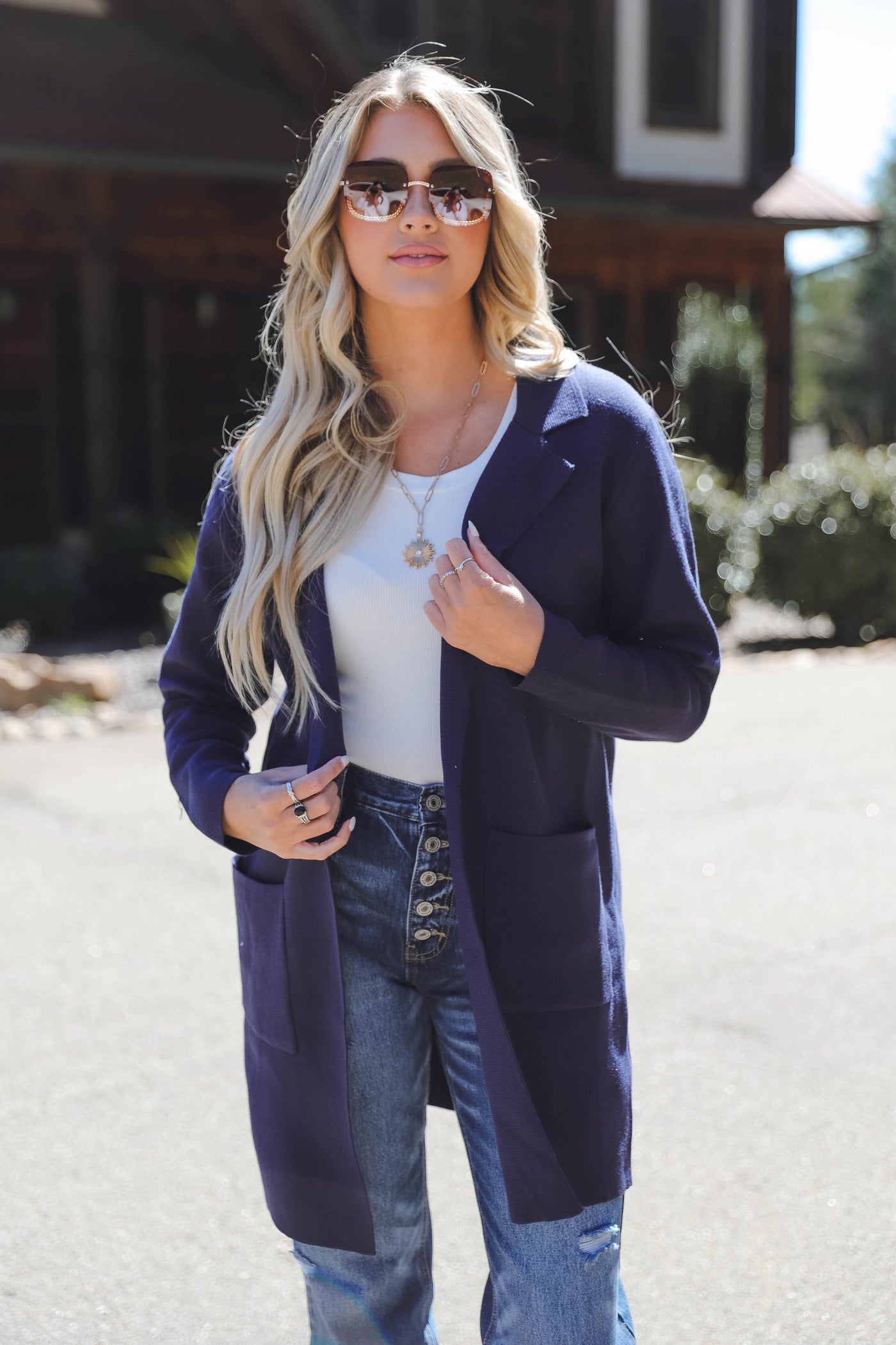 Women's Navy Cardigan with Front Pockets- Women's Classic Cardigan- Work Professional Navy Cardigan