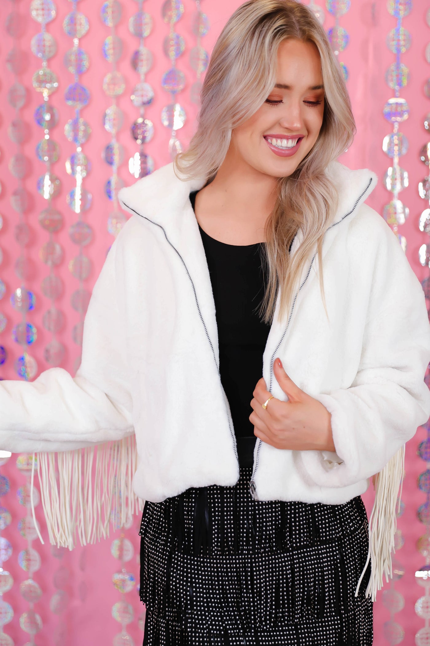 White Faux Fur Jacket- Women's White Fringe Jacket- Fun White Jacket