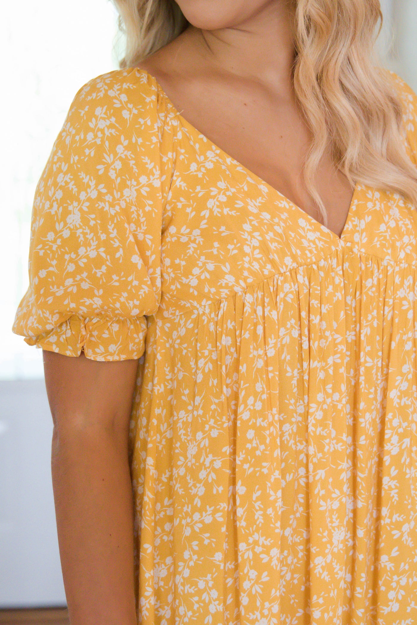 Yellow Floral Dress- Women's Short Sleeve Dress