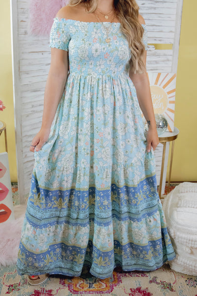 Floral Blue Maxi Dress- Stunning Off The Shoulder Maxi- Vacation Dresses- Aakaa Maxi Dress