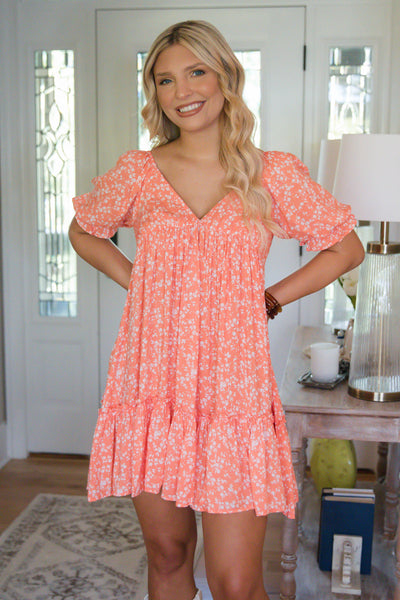 Coral Floral Dress- Women's Short Sleeve Dress