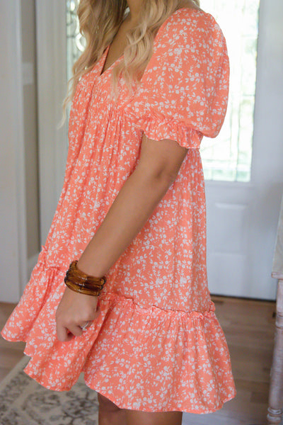 Coral Floral Dress- Women's Short Sleeve Dress