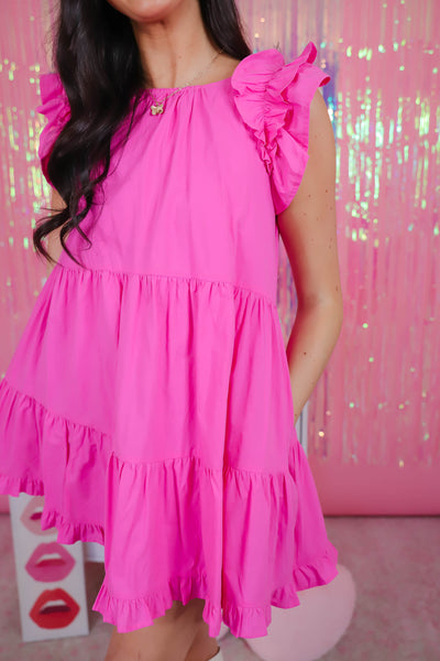Women's Babydoll Style Dress- Woman's Ruffle Sleeve Dress- Hot Pink Ruffle Dress- &Merci Dresses