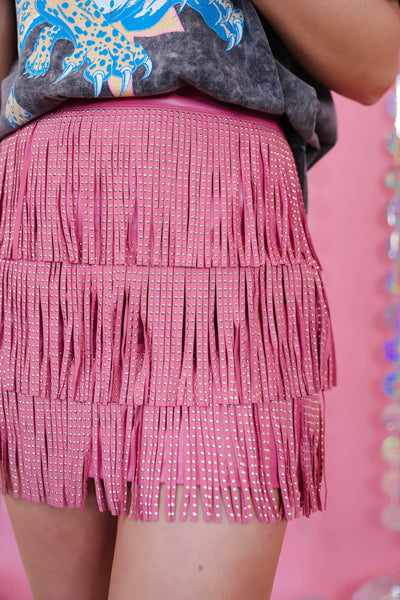 Pink Faux Leather Skirt- Studded Fringe Skirt- Pink Fringe Skirt
