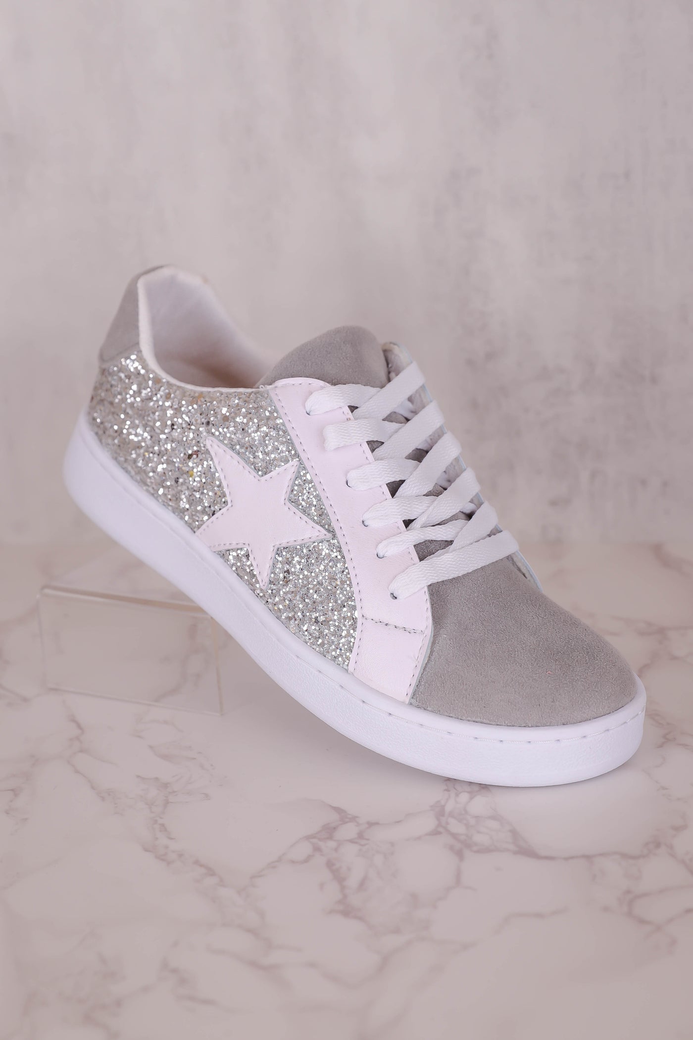 Silver Glitter Sneakers- Women's Star Sneakers- Silver Star Sneakers