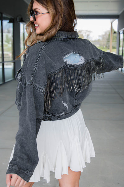 Black Rhinestone Denim Jacket- Rhinestone Fringe Denim Jacket- Nashville Outfit Ideas- Blue B Rhinestone Jacket