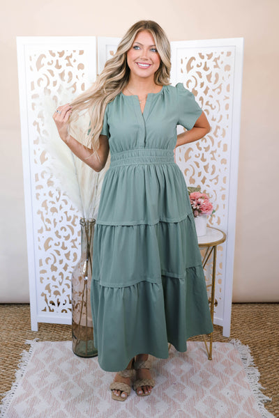  Preppy Olive Green Dress- Women's Preppy Midi Dress- Feminine Midi Dress- &Merci Midi Dress