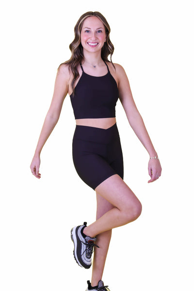 Black Crossover Biker Shorts- Black Ribbed Biker Shorts- Affordable Women's Workout Wear