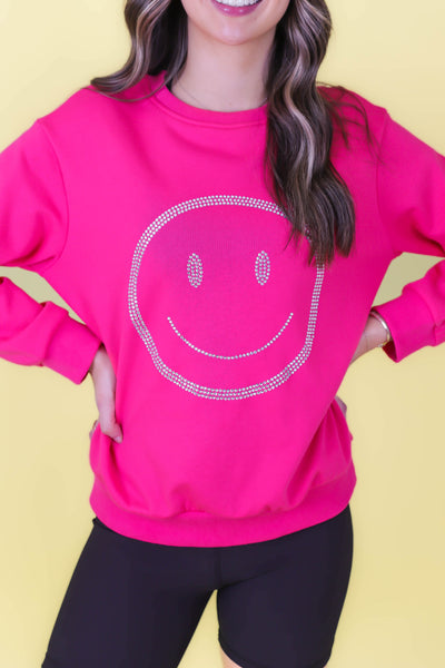 Hot Pink Pullover- Sequin Smily Face Top- Pink Rhinestone Pullover