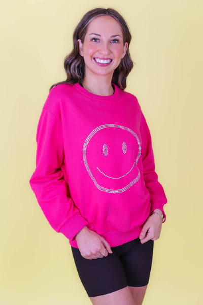 Hot Pink Pullover- Sequin Smily Face Top- Pink Rhinestone Pullover
