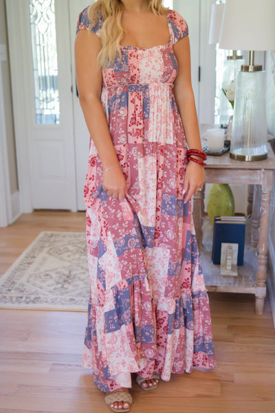Patchwork Maxi Dress- Boho Maxi Dress- Floral Print Boho Dress