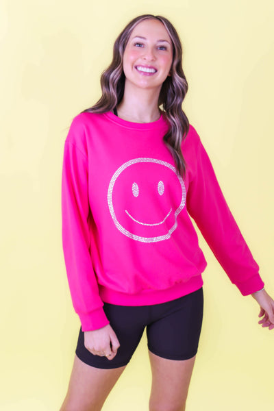 Hot Pink Pullover- Sequin Smily Face Top- Pink Rhinestone Pullover