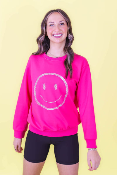 Hot Pink Pullover- Sequin Smily Face Top- Pink Rhinestone Pullover