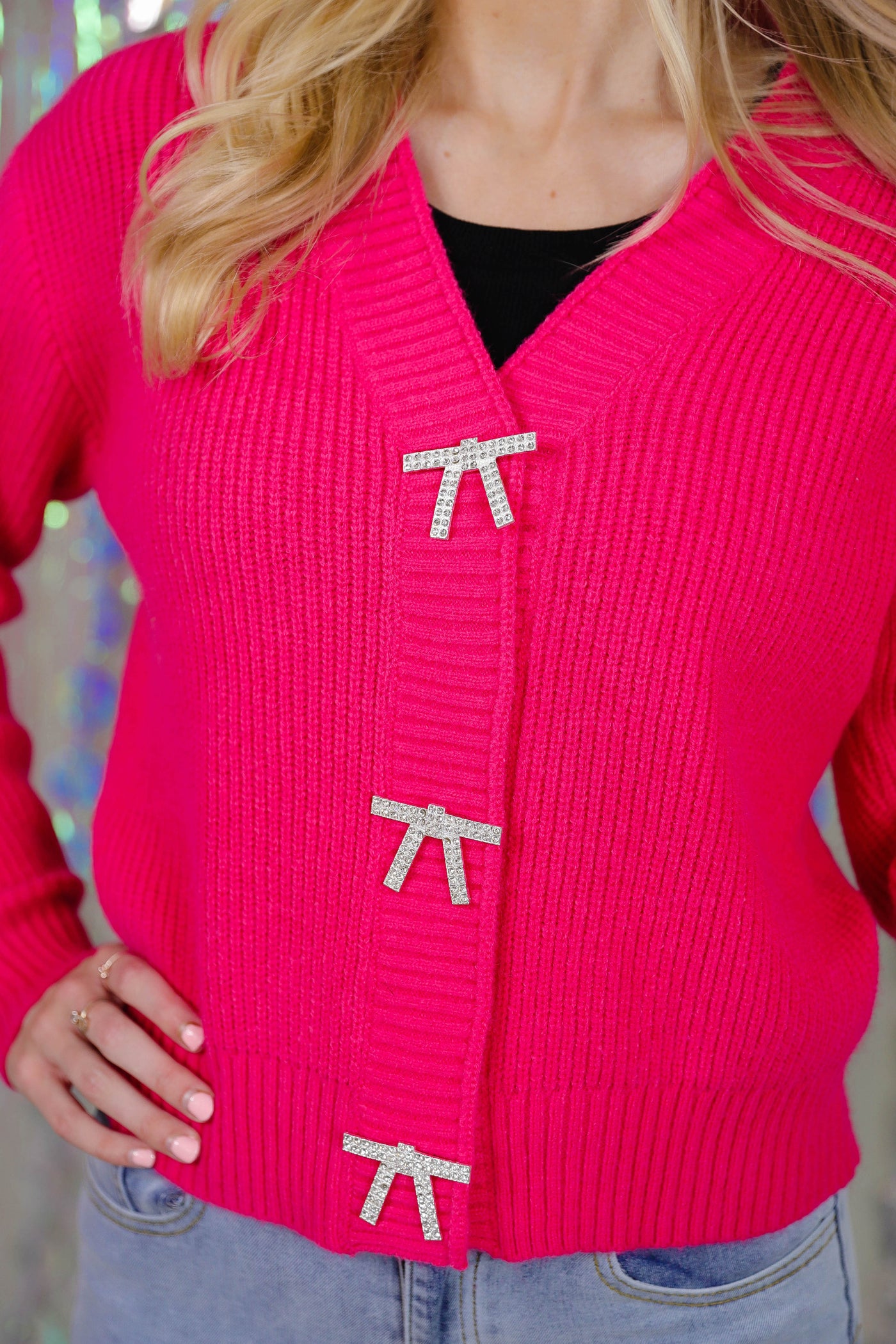 Pink Sweater With Bow Embellishments- Women's Preppy Sweater With Bows- 