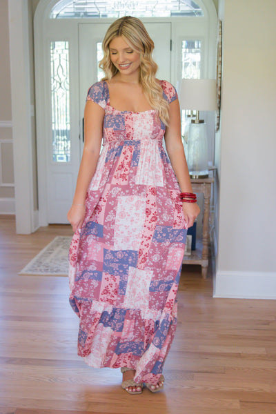Patchwork Maxi Dress- Boho Maxi Dress- Floral Print Boho Dress