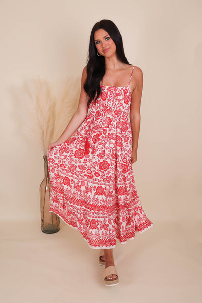 Women's Red Dress- Red Printed Midi Dress- BluPepper Midi Dress