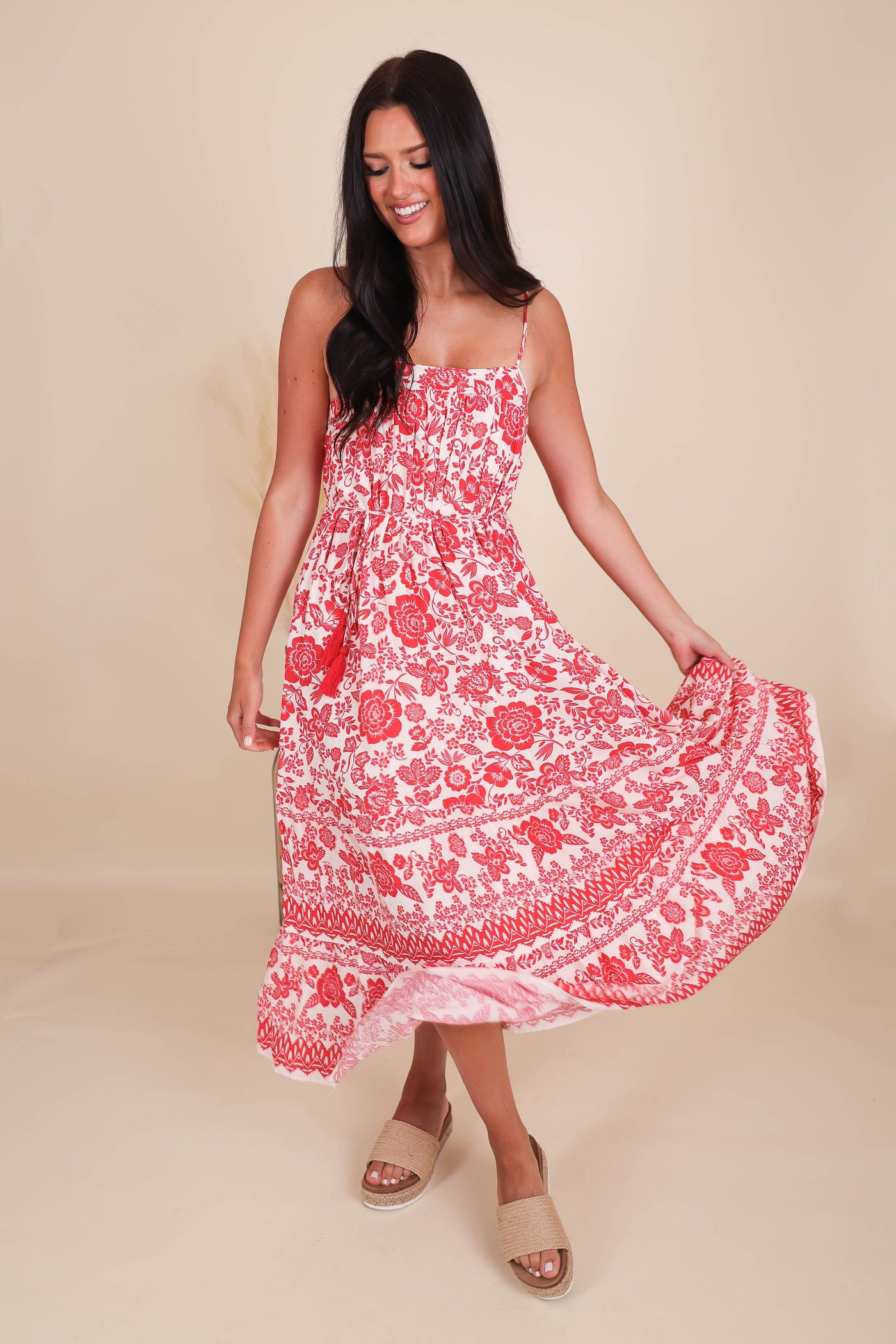 Women's Red Dress- Red Printed Midi Dress- BluPepper Midi Dress