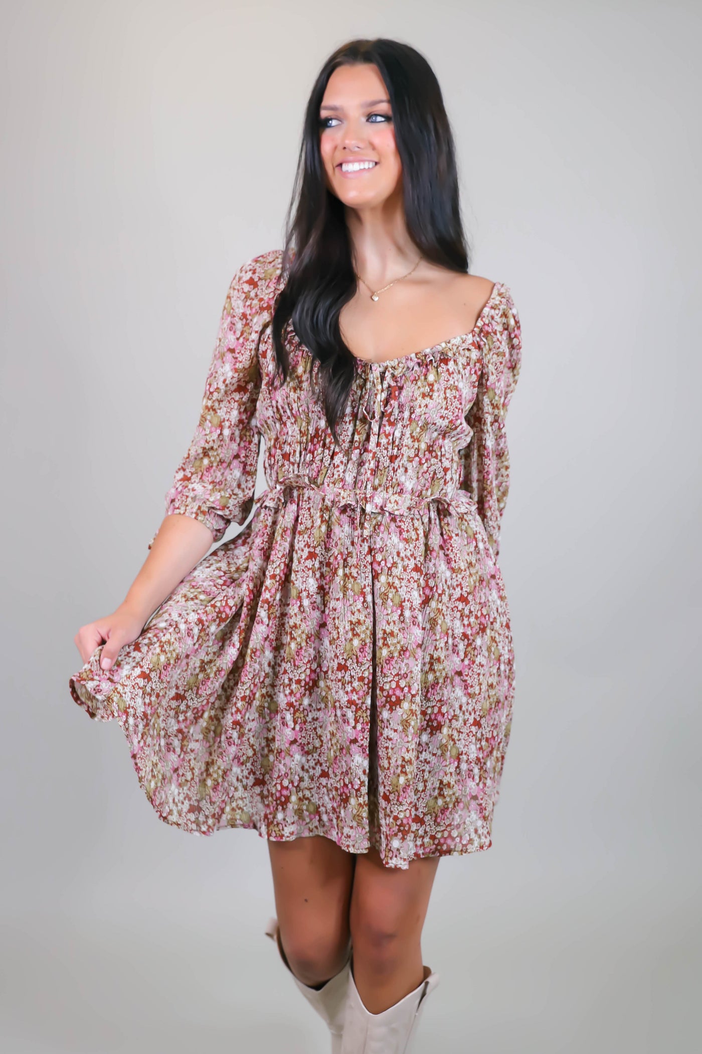 Dainty Floral Print Dress- Women's Ruffle Dress- Sweetheart Neckline Dress