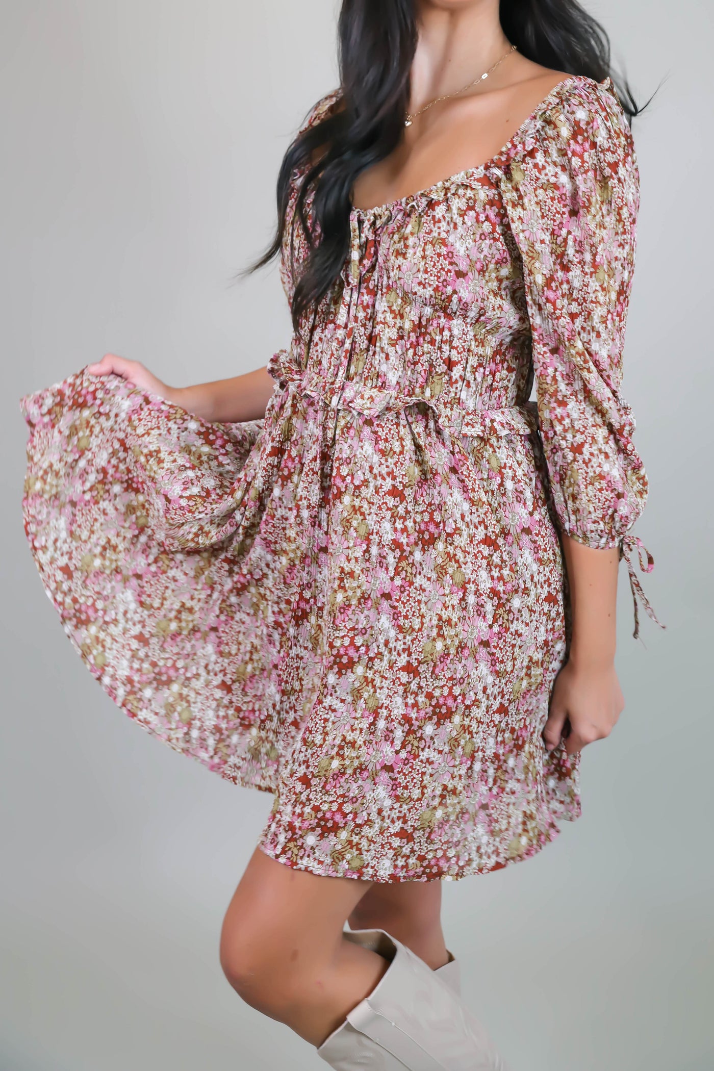 Dainty Floral Print Dress- Women's Ruffle Dress- Sweetheart Neckline Dress
