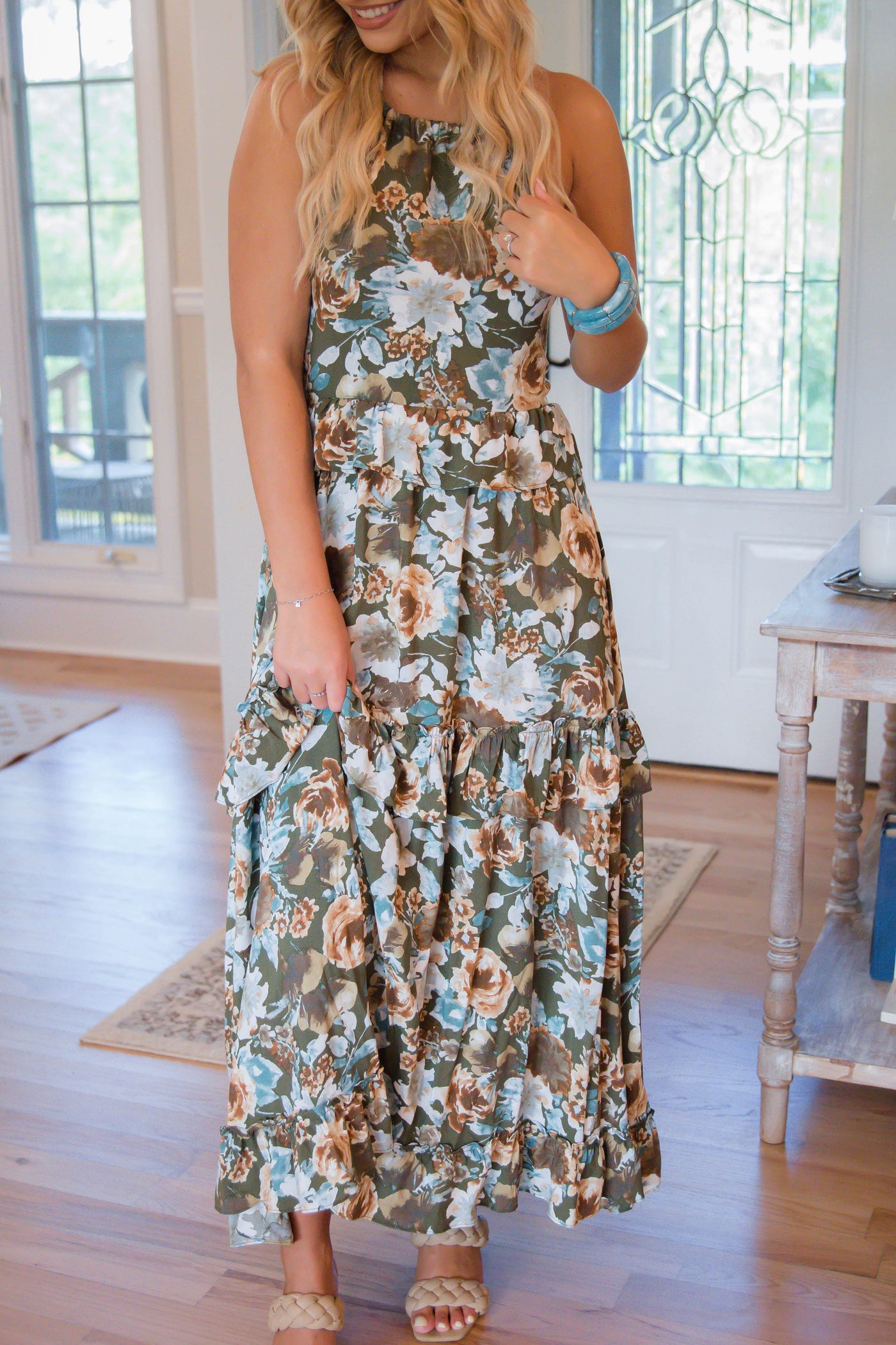 Olive Floral Midi Dress- Halter Neck Midi Dress- Elegant Women's Midi Dress