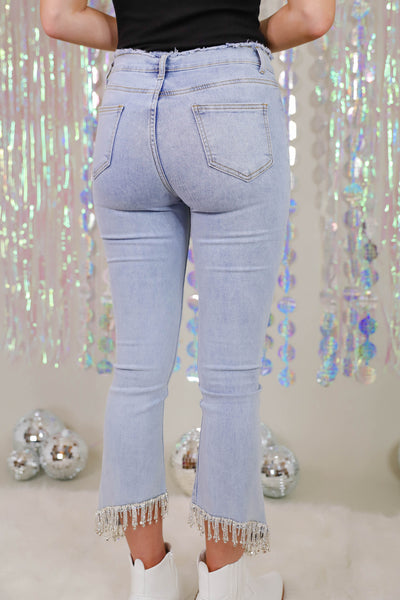 Jeans With Rhinestone Fringe- Lightwash Denim with Fringe- Rhinestone Denim