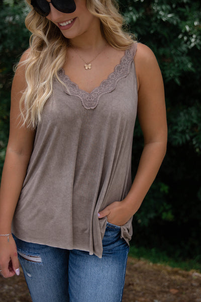 Brown Lace Tank Top- Women's Lacey Tank- Acid Wash Tank Top