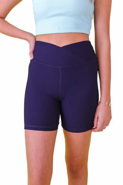Navy Crossover Biker Shorts- Navy Ribbed Biker Shorts- Affordable Women's Workout Wear