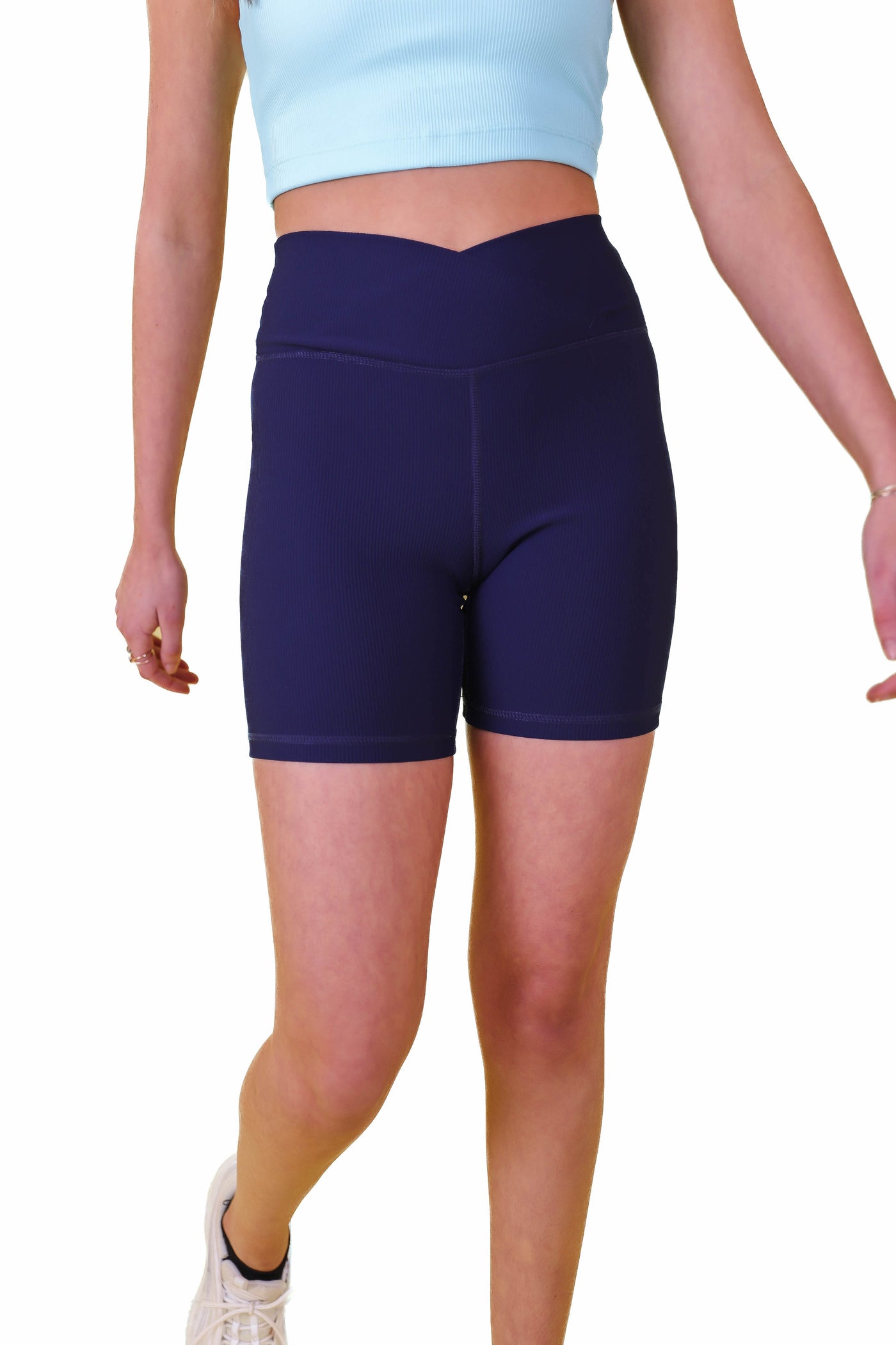 Navy Crossover Biker Shorts- Navy Ribbed Biker Shorts- Affordable Women's Workout Wear