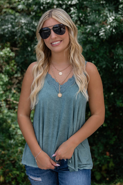 Teal Lace Tank Top- Women's Lacey Tank- Acid Wash Tank Top