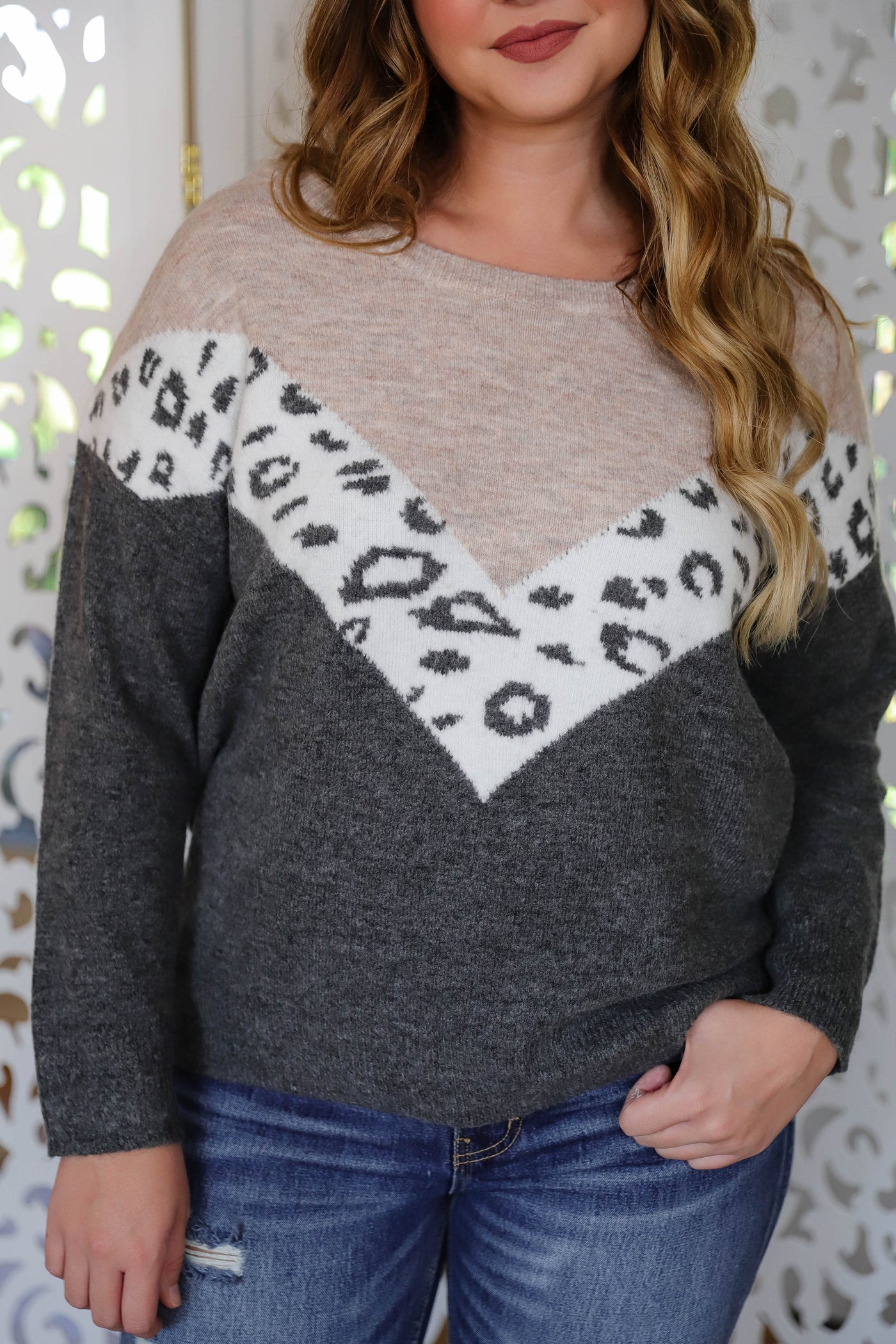 Leopard Chevron Sweater- Women's Leopard Sweater- Women's Affordable Fall Sweaters
