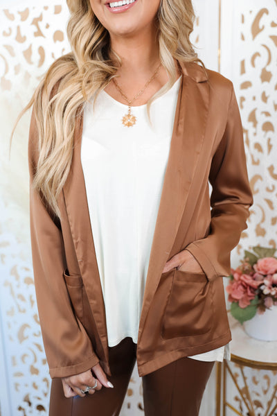 Women's Satin Blazer- Brown Trendy Blazer- Satin Glam Blazer