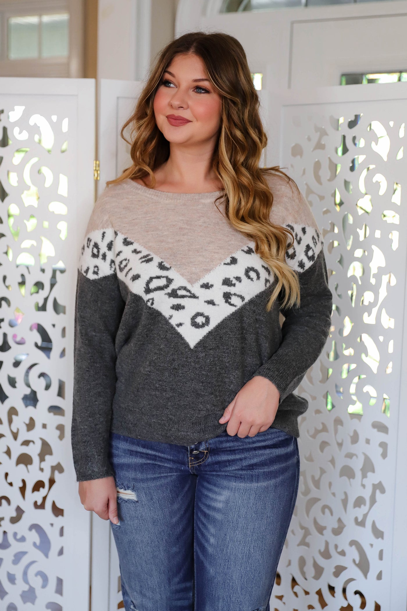 Leopard Chevron Sweater- Women's Leopard Sweater- Women's Affordable Fall Sweaters