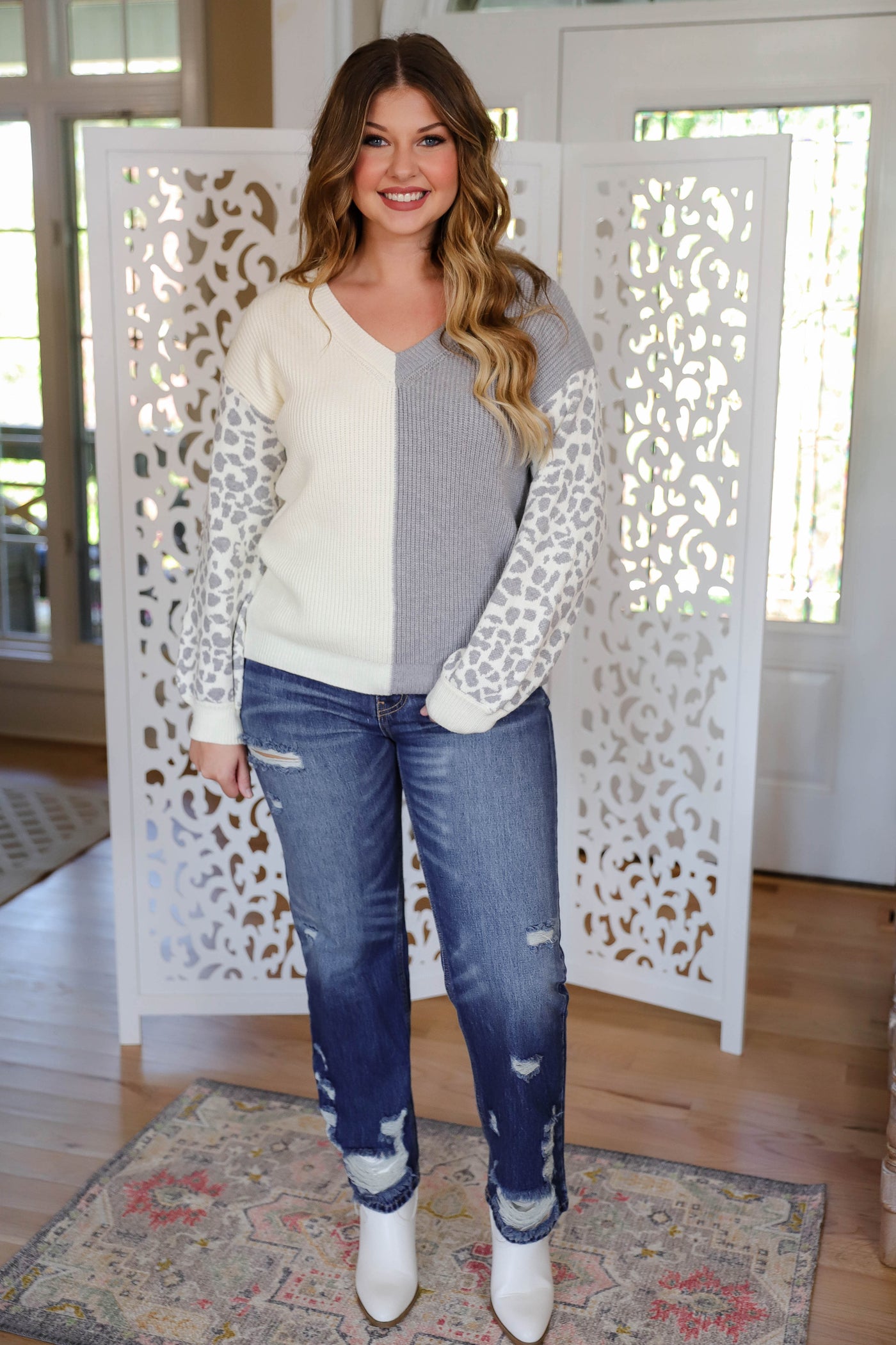 Two Toned Sweater- Sweater With Leopard Sleeves- Miracle Leopard Sweater