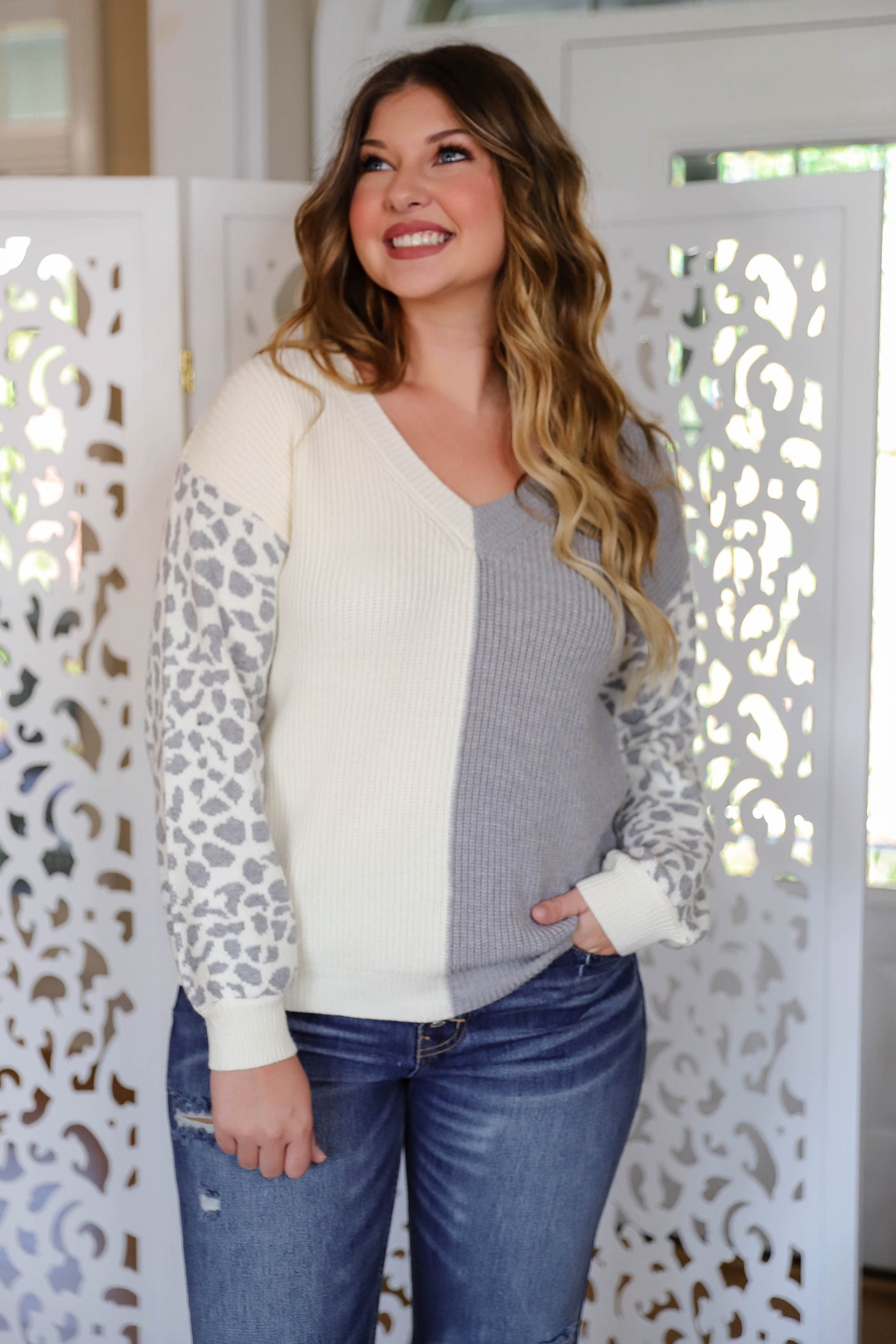 Two Toned Sweater- Sweater With Leopard Sleeves- Miracle Leopard Sweater