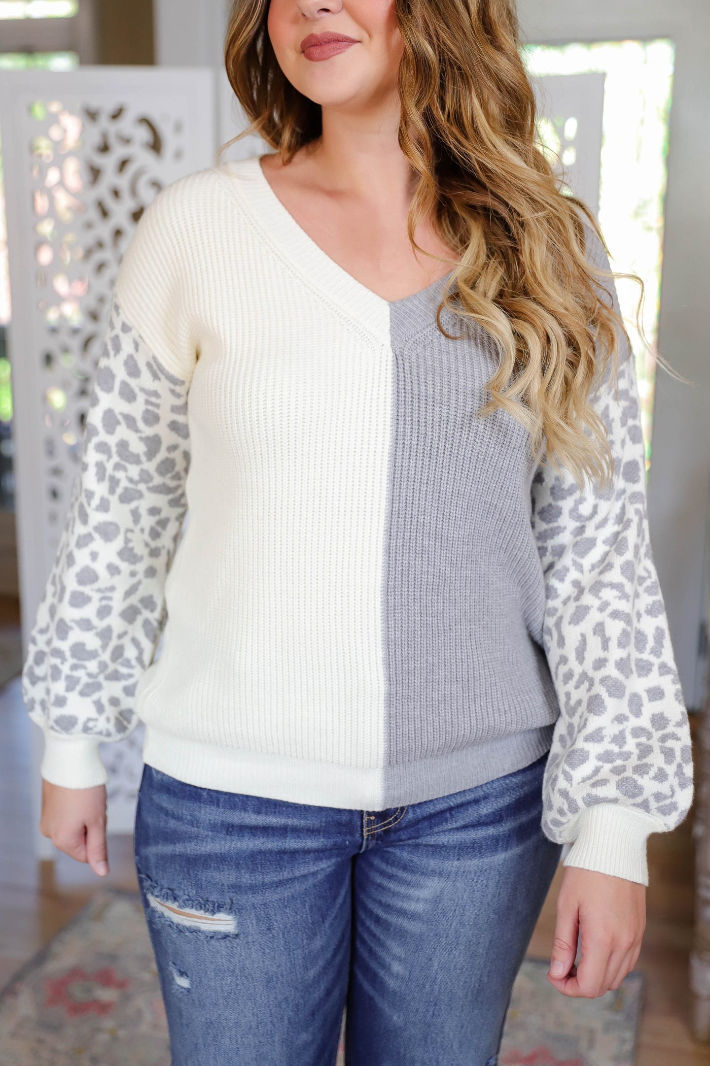 Two Toned Sweater- Sweater With Leopard Sleeves- Miracle Leopard Sweater