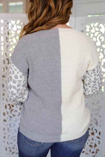 Two Toned Sweater- Sweater With Leopard Sleeves- Miracle Leopard Sweater