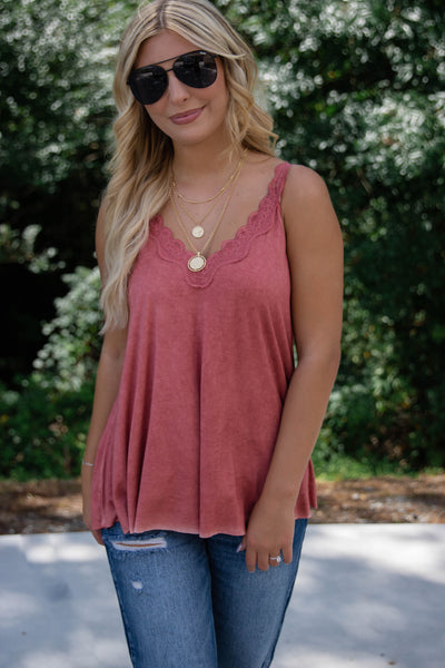 Marsala Lace Tank Top- Women's Lacey Tank- Acid Wash Tank Top