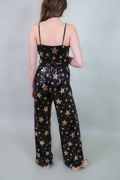 Black Sequin Jumpsuit- Black and Gold Star Jumpsuit- Women's Dressy Jumpsuit