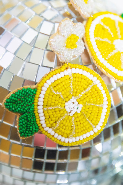 Beaded Lemon Earrings- Fun Fruit Beaded Earrings- Lemon Statement Earrings