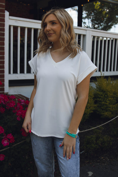Women's Ribbed Top - Comfy Basic White Top - V-Neck Women's Top