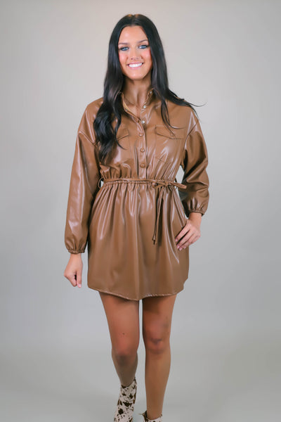 Brown Faux Leather Dress- Trendy Leather Dress- Chic Workwear Dress- &Merci Dress