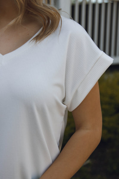 Women's Ribbed Top - Comfy Basic White Top - V-Neck Women's Top