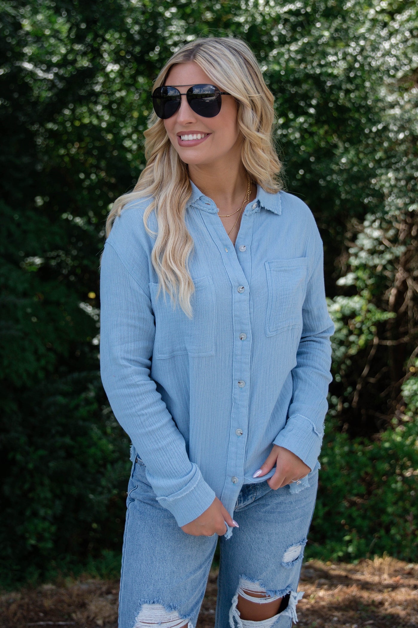 Women's Blue Button Down- Cotton Button Down Top- Casual Top With Pockets
