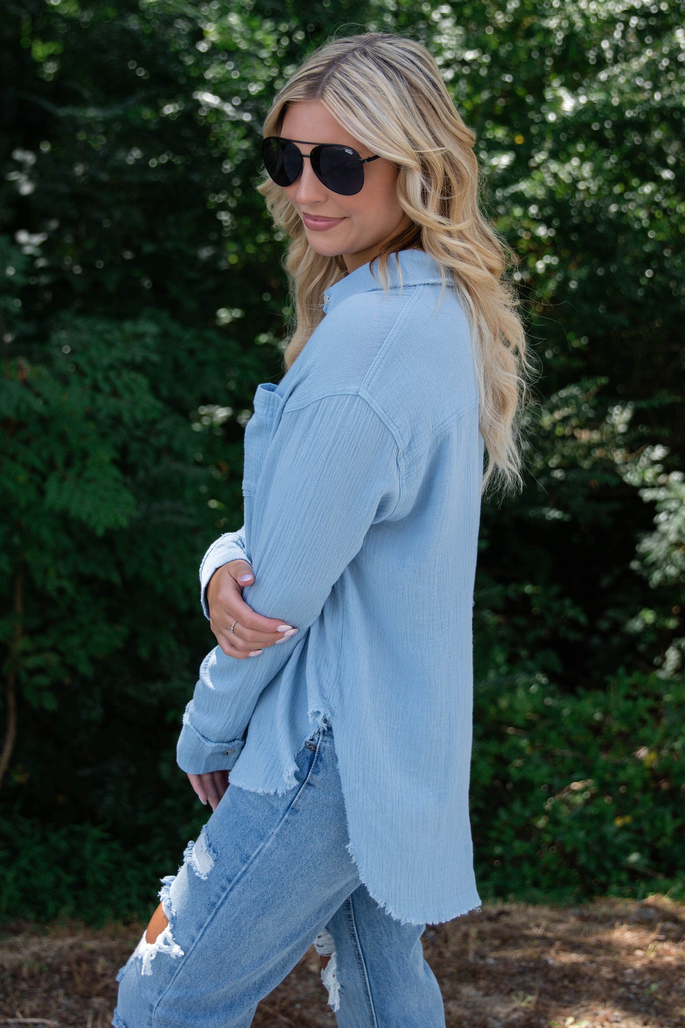 Women's Blue Button Down- Cotton Button Down Top- Casual Top With Pockets