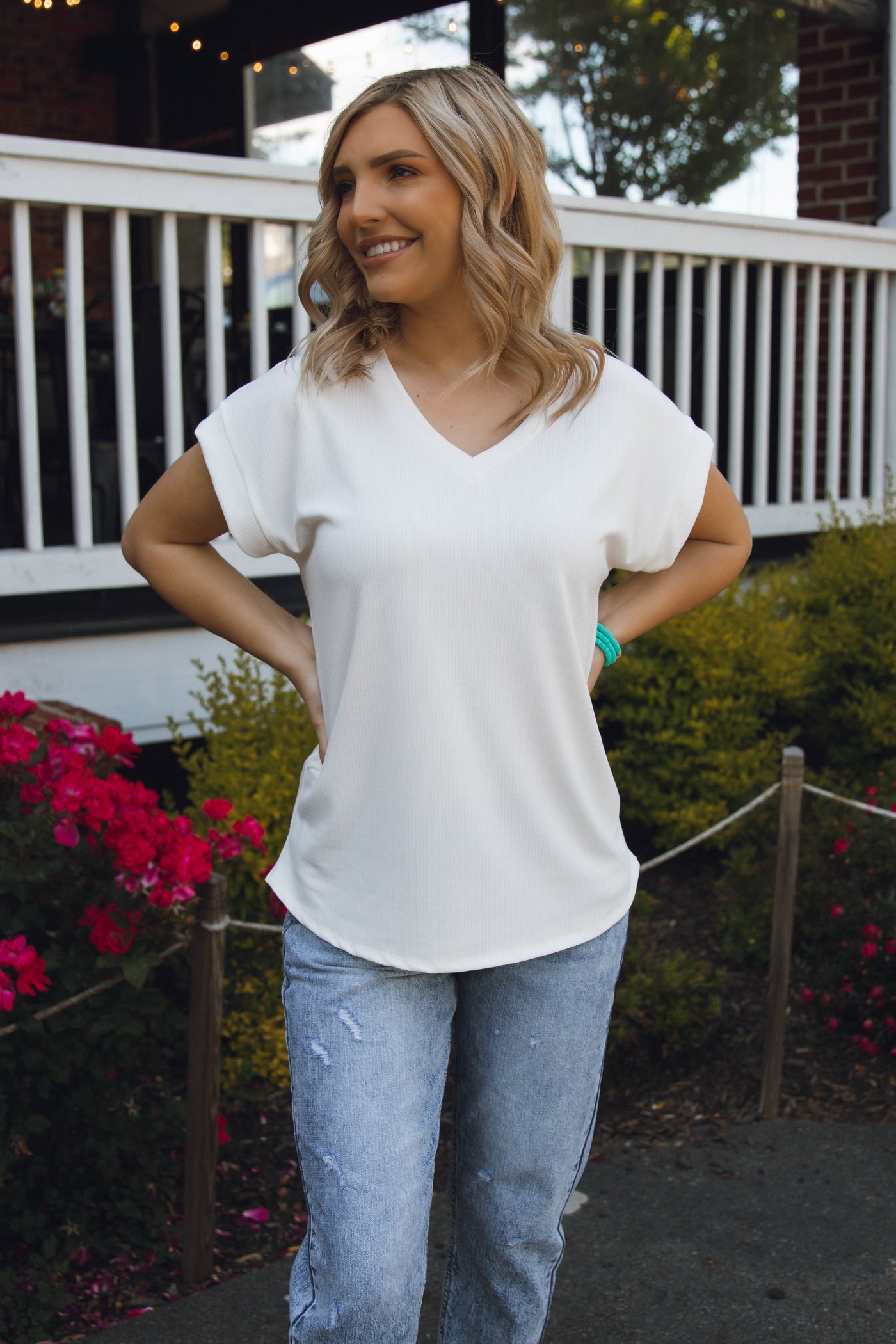 Women's Ribbed Top - Comfy Basic White Top - V-Neck Women's Top